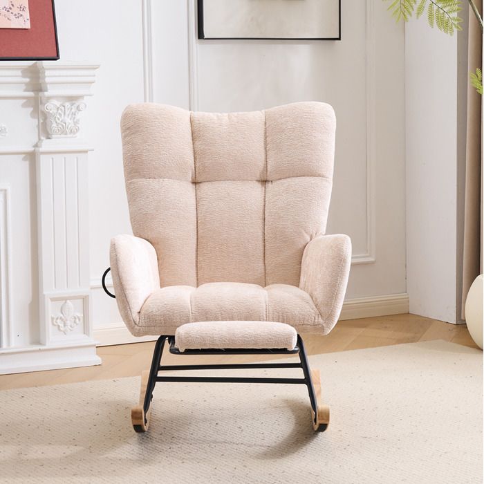 Fauteuil à bascule intérieur en chenille beige dossier haut accoudoirs repose-pieds et poche de rangement