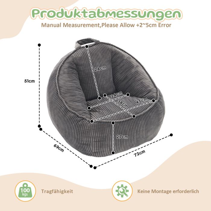 Fauteuil poire enfant ergonomique sans montage assise moelleuse pour jeu et lecture velours côtelé - gris clair