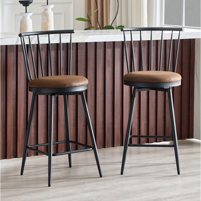 Lot de 2 tabourets de bar marron 43 2 x 59 x 96 cm - dossier Windsor assise rembourrée métal industriel