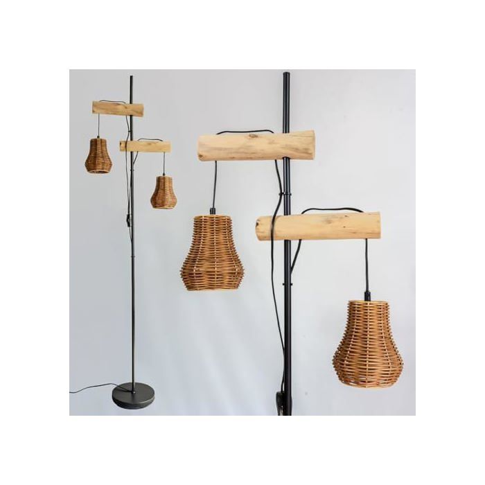 Lampadaire industriel 2 lumières rotin et bois naturel - métal noir - 169 cm - abat-jour rotin 16 cm