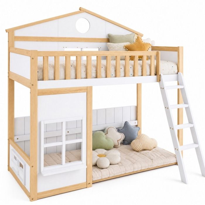 Lit cabane surélevé enfant 90 x 200 cm – Pin et MDF – Échelle toit et barrières – Blanc et naturel