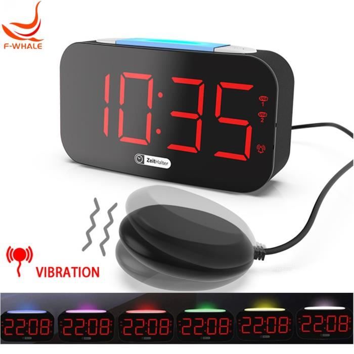 Réveil Vibrant Lit Pour Gros Dormeurs - Rechargeable, 3 Modes Alarme, Double Réveil, Snooze, Radio - Idéal Sourds & Malentendants