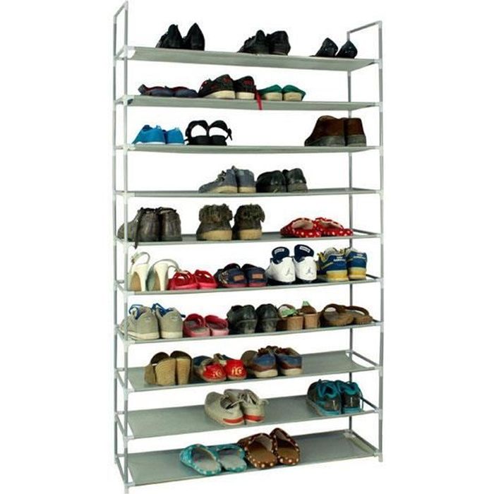 etagère à chaussure simple spacieux 50 paires de chaussures - 10 niveaux - 100x29x92 cm - gris