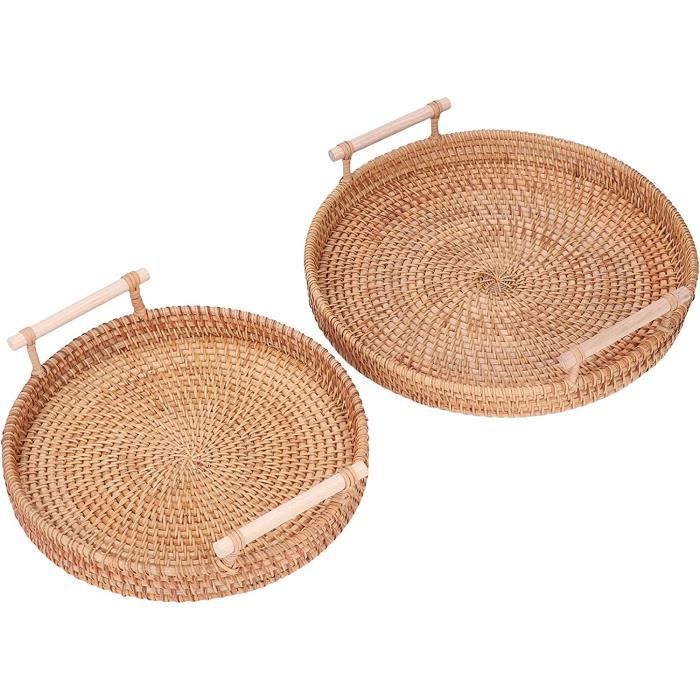 IGNPION Plateau de service ovale en rotin - Plateau de rangement décoratif avec poignée - Plateau de rangement pour table, cuisine, maquillage, coiffeuse, bijoux, bougies, ornements (35 x 26 cm