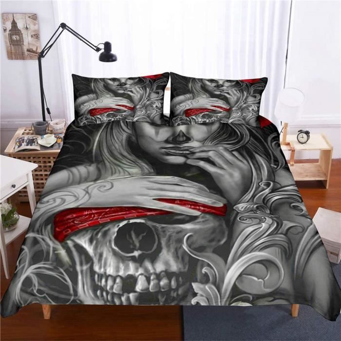 ZHMAO Parure de lit gothique motif tête de mort Housse de couette avec