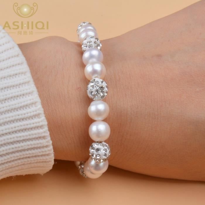 Bracelets en perles d'eau douce naturelles authentiques pour femmes, avec  boule de Zircon en argile blanche, élasti 20cm -GZ1854 - Achat / Vente  bracelet - gourmette Bracelets en perles d'eau dou Femme