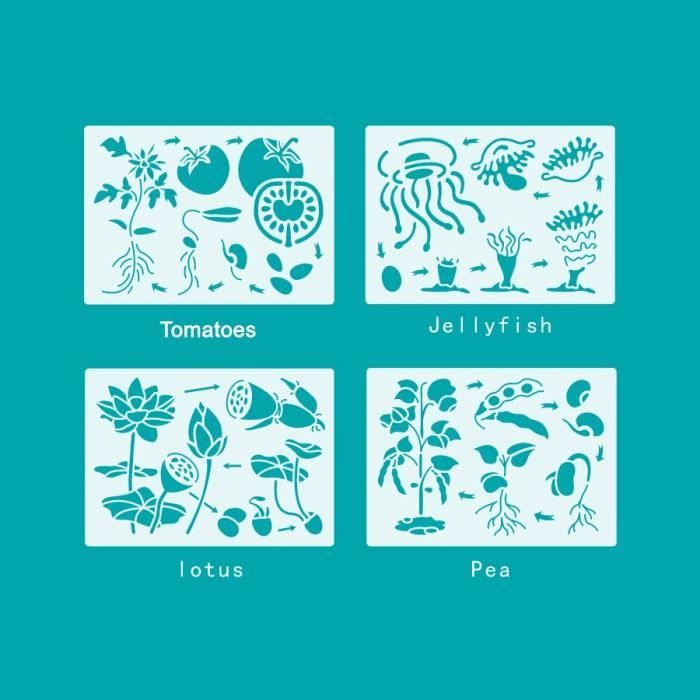 Kit 4 Pochoirs Oiseaux & Plantes Réutilisables - Motifs Hérons, Cygnes, 30x15cm, Avec Pinceau