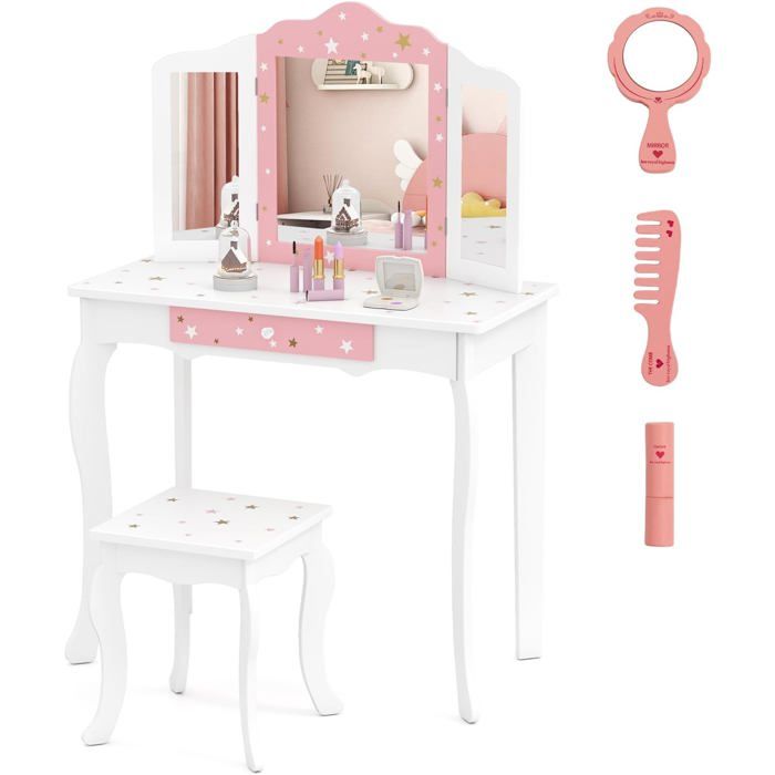 COSTWAY Ensemble Coiffeuse et Tabouret pour Enfants Miroir à 3 Volets Amovible Table de Maquillage avec Tiroir Blanc COSTWAY Ensemble Coiffeuse et Tabouret pour Enfants Miroir à 3 Volets Amovible Table de Maquillage avec Tiroir Blanc