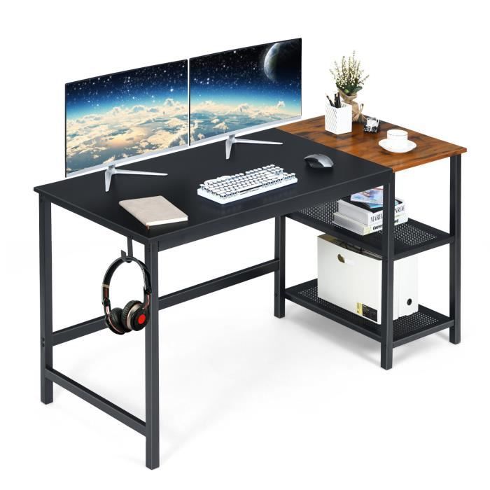 costway bureau informatique épissure avec 2 étagères de rangement, table d’ordinateur avec crochet pour casque, 150x60x74cm, noir