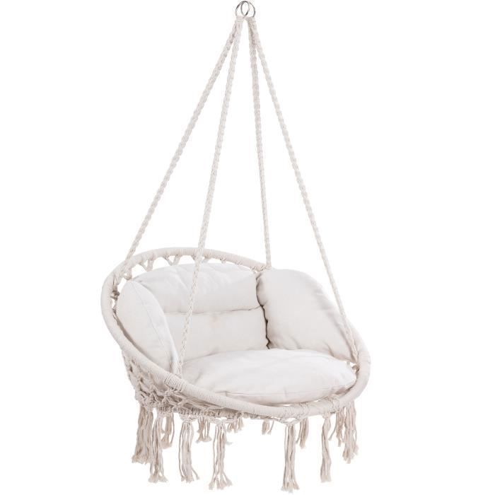 DETEX® Fauteuil suspendu avec coussins crème hamac extérieur chaise suspendue balancelle relax capacité 150 kg fauteuil de lecture