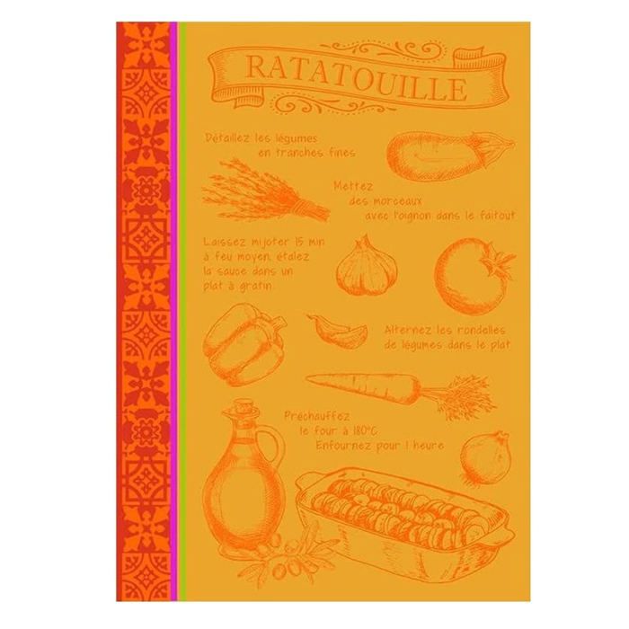 Torchon Jacquard Imprimé Ratatouille Orange 48x70 Cm - Décoration Cuisine Provençale Gourmande