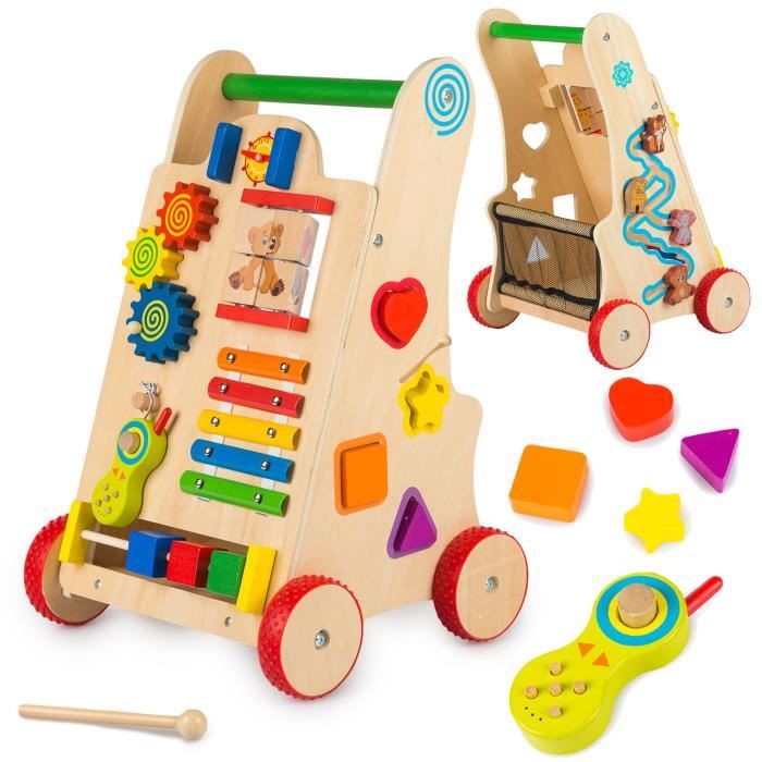 Kinderplay trotteur bebe, chariot de marche en bois, formes à encastrer, permet à vos enfants de jouer et d’apprendre en même temps