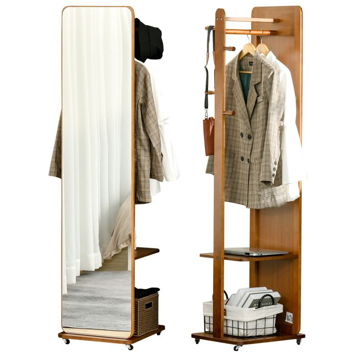 Miroir sur pied - HOMCOM - avec roulettes portant 4 patères étagère rangement dressing - MDF - aspect noyer