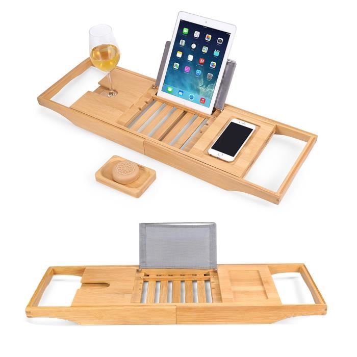 Plateau De Baignoire En Bambou Réglable 75-110 Cm – Porte-gobelet + Support IPad/Livres, Design Noir Élégant Et Stable