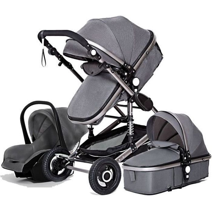 Poussette B b Combin e Trio Pack 3 en 1 Gris Chassis Haut a