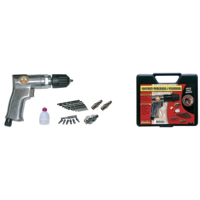 MECAFER Perceuse et serreuse pneumatique - mandrin 10mm + 10 forets HSS + 6 embouts vissage + access
