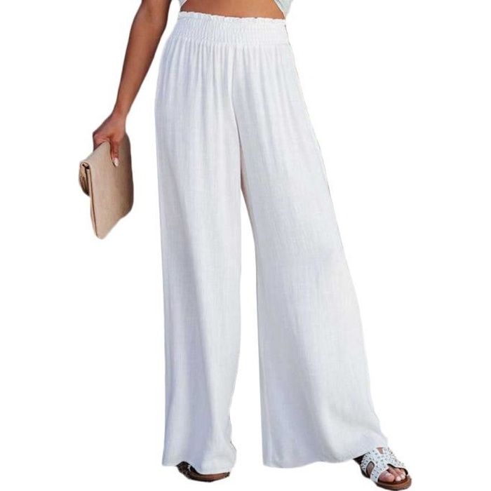 Pantalon Large Femme Taille Elastique Pantalon Droit Décontracté Pantalon Large Fluide Pantalon de Plage,Blanc