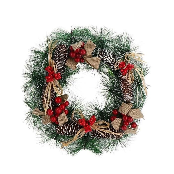 Couronne De Noël Artificielle Rouge 35cm Avec Pommes De Pin - Décoration De Porte Ou Mur Pour Les Fêtes