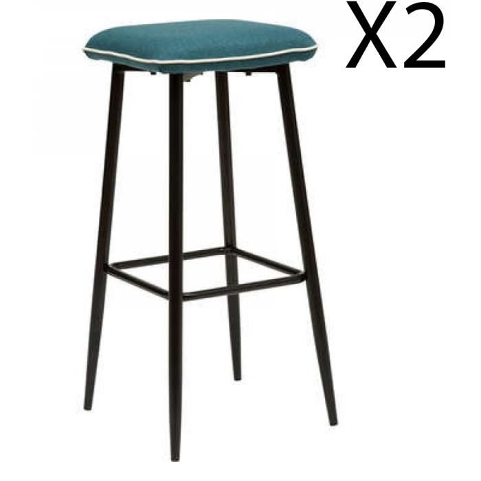 lot de 2 tabourets de bar, chaise haute coloris bleu avec pieds en métal noir - longueur 35 x profondeur 35 x hauteur 75 cm