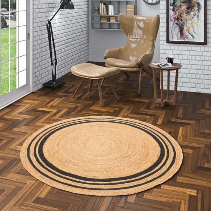 Tapis en fibres naturelles Jute fait main Salsa Gris Beige Rayures Rondes 100x100 cm