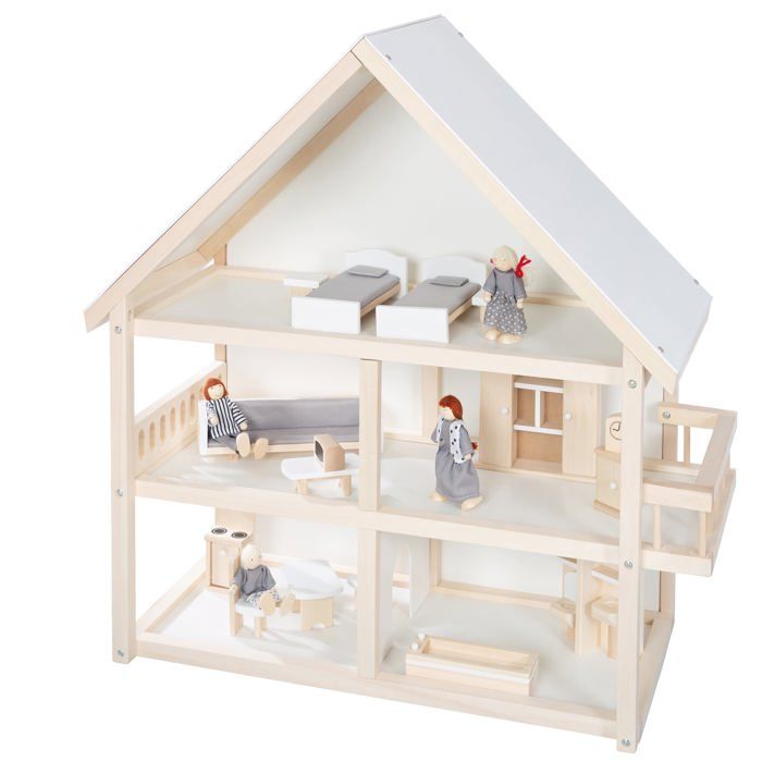 roba maison de poupée à 3 étages en bois naturel + 16 pièces de mobilier et 4 poupées - jouet d'imitation
