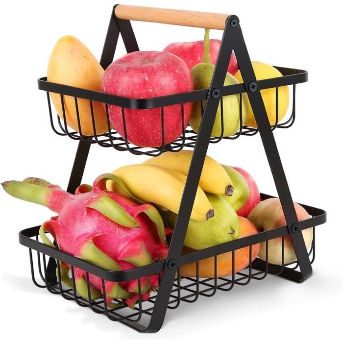 Corbeille à Fruits 2 étages Métal Noir Avec Poignées Bois - Rangement Aéré Pour Cuisine, Bureau - Design Triangulaire, Montage Facile