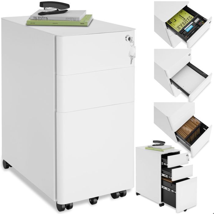 Desserte de bureau - TECTAKE - Caisson à roulettes PARVUS 2 tiroirs et 1 casier verrouillable acier laqué 30 x 50 x 595 cm - Blanc