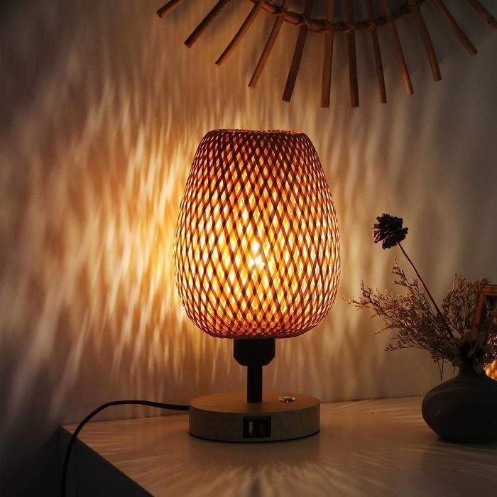 Lampe De Chevet En Bambou Et Rotin Gradation Illimitée Contrôle Tactile,  Ampoule 7W E27 (Incl.), Lampe De Table Avec 2 X Port[H165] - Cdiscount  Maison