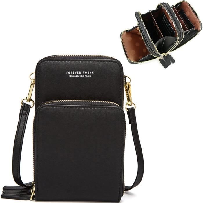 Sac Bandoulière Femme Pochette Téléphone Portable + Porte-Monnaie Amovible – Cuir PU Noir Élégant