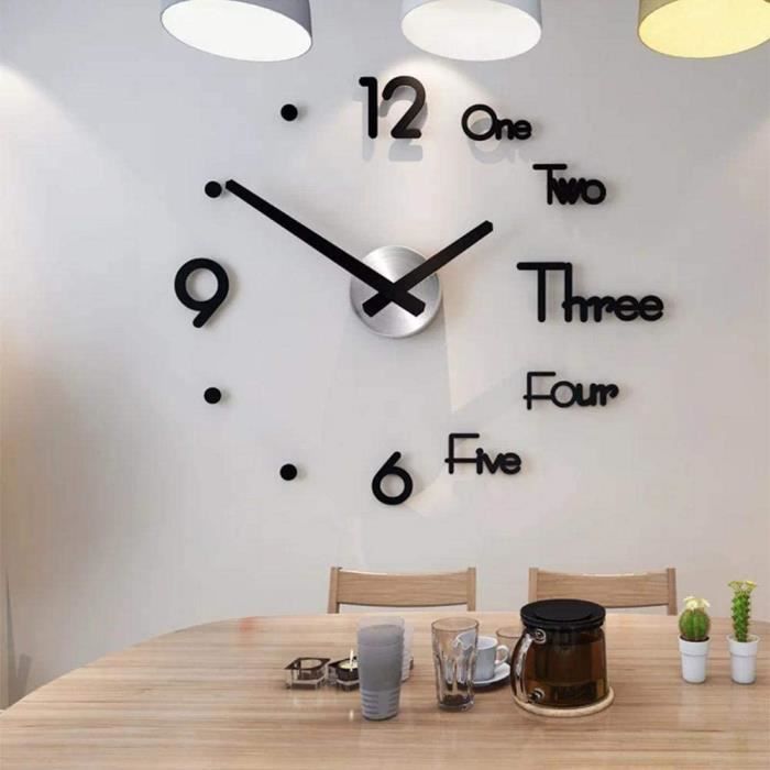 Grande Horloge Murale DIY 3D Miroir Acrylique - Effet Infini Moderne Noir 90-100 Cm