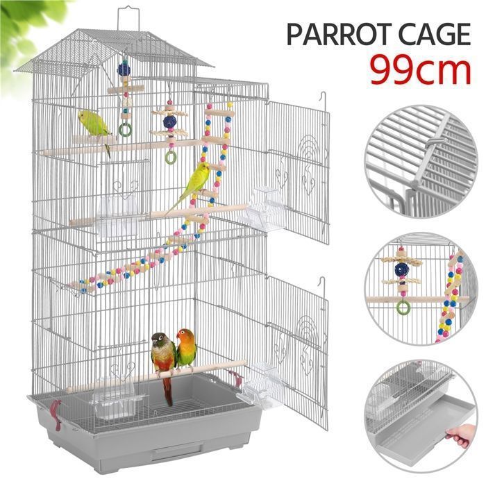 Comparer les prix de Cage Oiseaux Intérieur - 46 x 35,5 x 99 cm - avec Poignée avec 3 Jouets 4 Mangeoires 3 Perchoirs 1 Swing - Gris Claire - Yaheetech