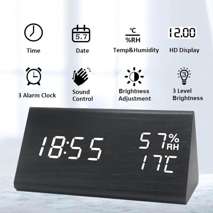 HORLOGE MURALE COMPACTE en bois DEL température date heure affichage