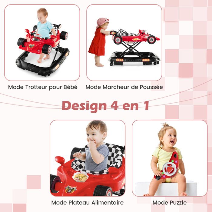 Trotteur Bebe Pliable DREAMADE avec 3 Hauteurs Reglables Roues Silencieuses Plateau Musical Amovible Coussin Rembourre Rouge