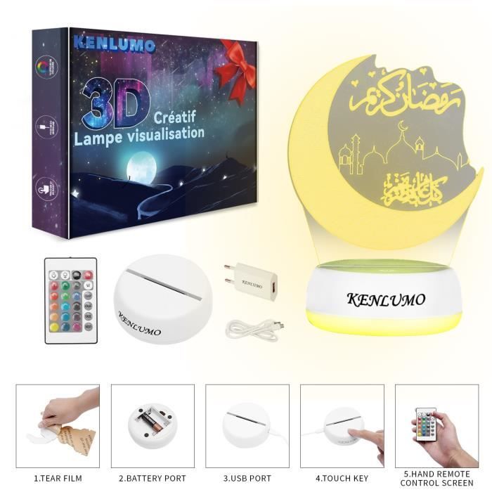 FZQBEY Ramadan Décoration LED Lampe, Lune Etoile Eid Mubarak Lampe de  Table, avec Télécommande,16 couleurs, 3D Veilleuse LED en Acrylique  Décoration