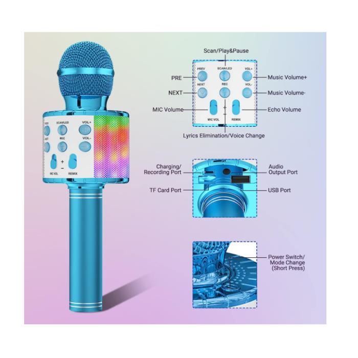 Microphone sans Fil Karaoké, Micro Karaoke Enfant avec Lumières LED de  Danse, Microphone Bluetooth pour Enfants Fille Garcon Bleu - Cdiscount Jeux  - Jouets