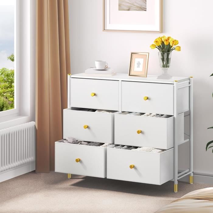Commode 6 Tiroirs Blanc Bois - Dimensions 40 X 32 X 93 Cm - Rangement Chambre, Salon, Bureau - Meuble D'appoint Moderne Et Fonctionnel - 8