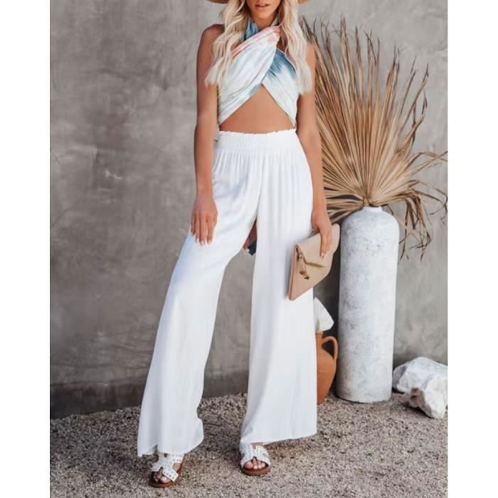 Pantalon Large Femme MISSMAO Taille Elastique Blanc