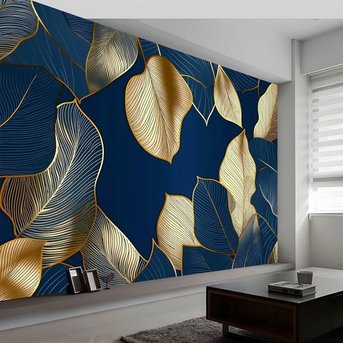 Bleu Papier Peint 3D Feuilles Tropicales Lignes Dorées Panoramique ...