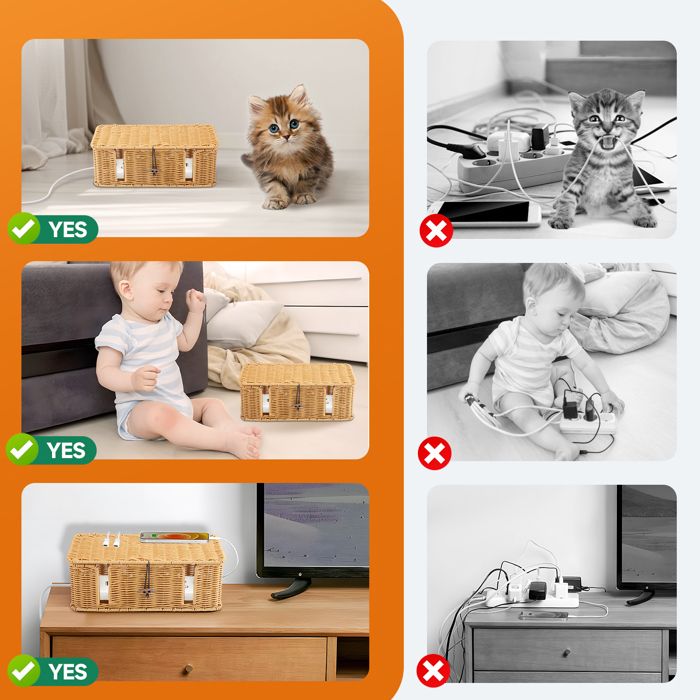 Boîte de rangement de câbles en rotin faite à la main pour le bureau, la maison, étui de rangement de câbles respirant avec couvercle et 2 emplacements ouverts pour fils TV, multiprises, caches les