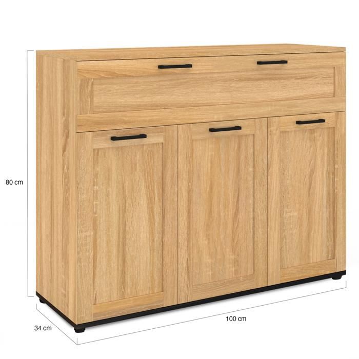 Buffet 100cm VITO 3 Portes 1 Tiroir Façon Hêtre Poignées Noires - Meuble Salon Rangé Et Élégant