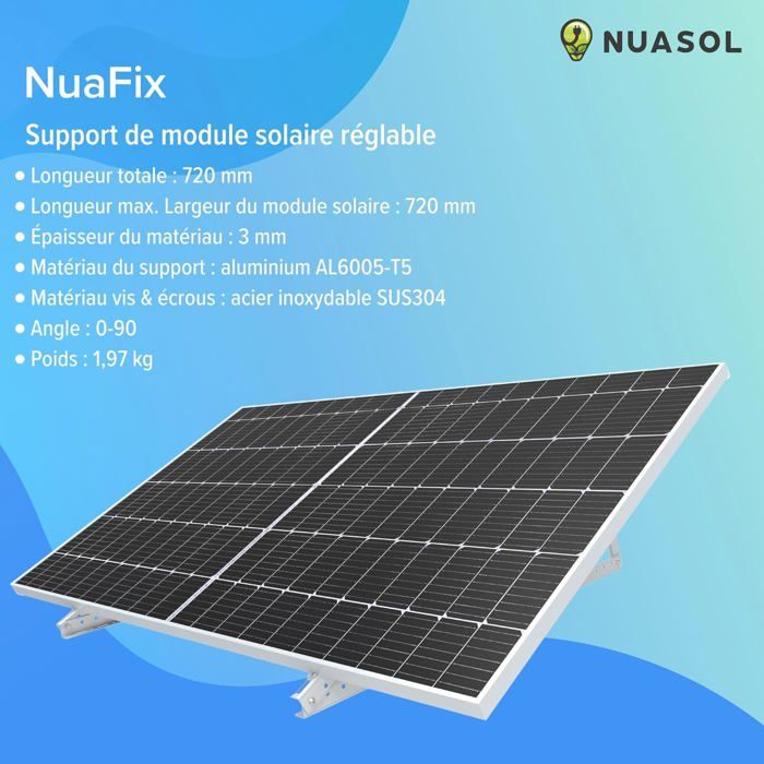 Nuasol – Support pour panneau solaire jusqu'à 72 cm – Toit plat PV – Réglable 0-90° – Lot de 4 – Aluminium AL6005-T5 – Fixation acier inoxydable