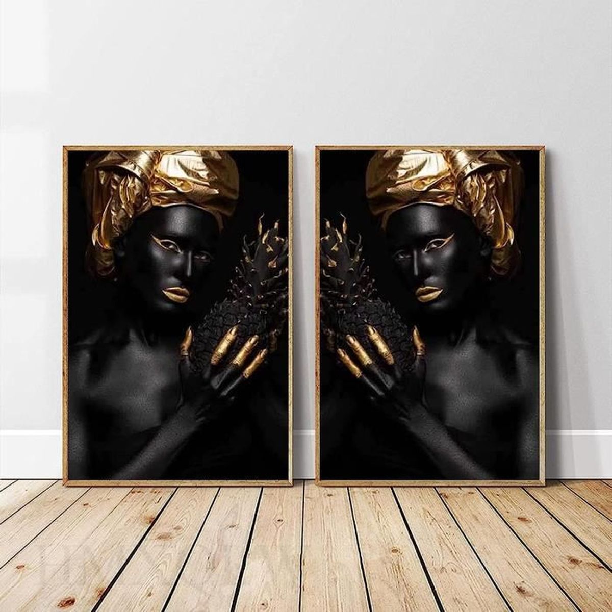 JOSUE Tableau Décoration Murale Femme Africaine - Fille Noire Vert Jaune Impression Sur Toile - Salon, Chambre, Bureau 40x60cm Encadrée