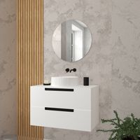 Meuble salle de bains 80 cm Blanc - 2 tiroirs - Vasque Blanche Ø36 cm et Miroir Rond Ø60 cm - JAZZ