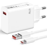 Chargeur Rapide USB 67W + Câble USB-C 6A 1M Blanc pour Xiaomi Redmi 13C, Redmi 12 4G-5G, Redmi 9, 9A, 9C, 10A, 9T, 10C