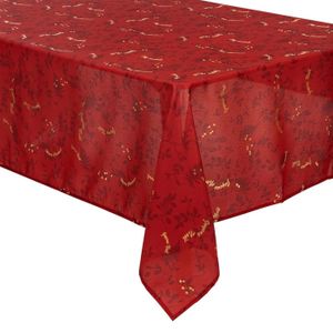 Nappe De Noël En Toile Cirée HANSEL - Motif Père Noël Et Feuilles Rouges - Rectangulaire 140x350 Cm