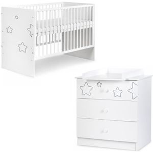 CHAMBRE COMPLÈTE BÉBÉ TINO Chambre bébé lit bébé et commode à langer motifs étoiles Blanc 120x60 cm