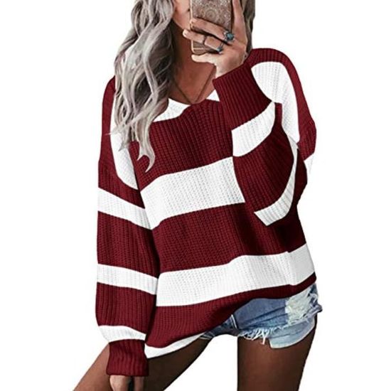 Femme Pull Dentelle Épissure Tricot Col V Basique Tunique Haut