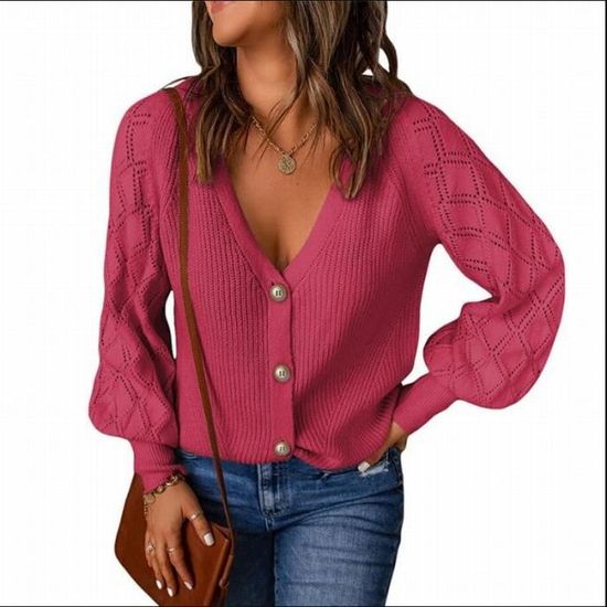Pull Femme Col V Manches Bouffantes - Tricot Doux Couleur Unie - Décontracté élégant Automne Hiver