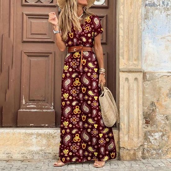Robe Longue Style Boheme avec Col en V pour Femme Tenue elegante a Manches Imprime Cachemire Grand Ourlet Pla rouge yanghao Rouge Cdiscount Pret a Porter