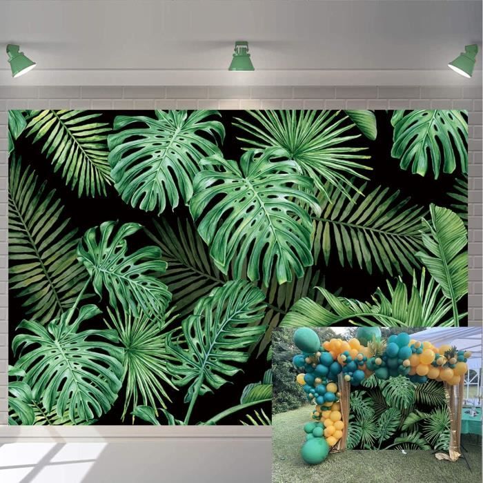 Toile de fond d'anniversaire tropicale feuilles de palmier hawaïennes « Happy Birthday » thème Aloha Luau, décorations d'anniversaire (210 x 150 cm